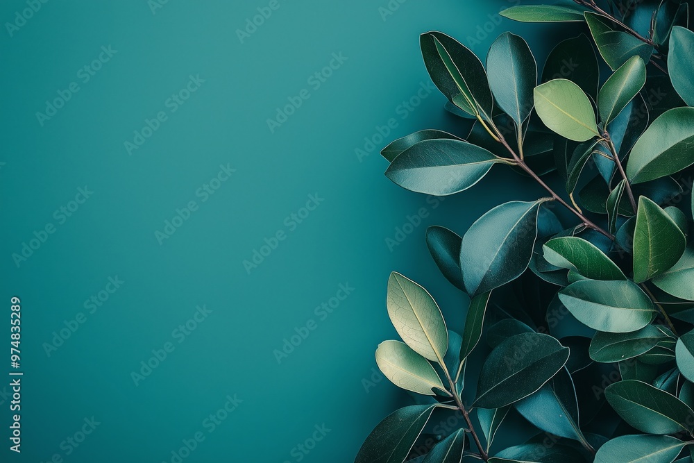 A cluster of dark green leaves on a teal background, creating a minimalist and serene visual composition. A cluster of dark green leaves on a teal background, creating a minimalist and serene visual composition.