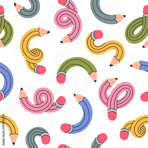 Twisted pencils seamless pattern. Curved funny intertwined simple pencils endless design, school supplies flat vector background illustration. Funky twisted pencils pattern