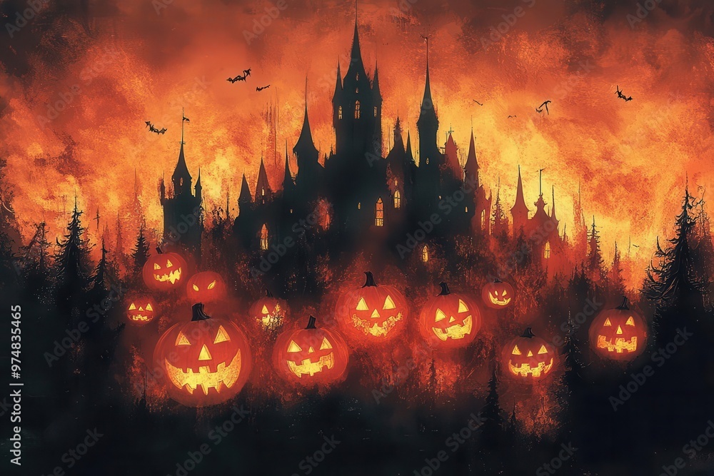 whimsical haunted castle silhouetted against an eerie orange sky grinning jackolanterns float magically in the foreground creating a spooky yet childfriendly halloween scene whimsical haunted castle silhouetted against an eerie orange sky grinning jackolanterns float magically in the foreground creating a spooky yet childfriendly halloween scene