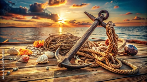 A worn, rusty metal anchor lies on a weathered wooden dock, surrounded by coils of frayed rope and photo