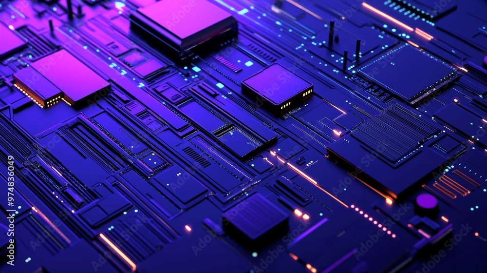 Futuristic circuit board in neon colors, with glowing blue and purple components Futuristic circuit board in neon colors, with glowing blue and purple components