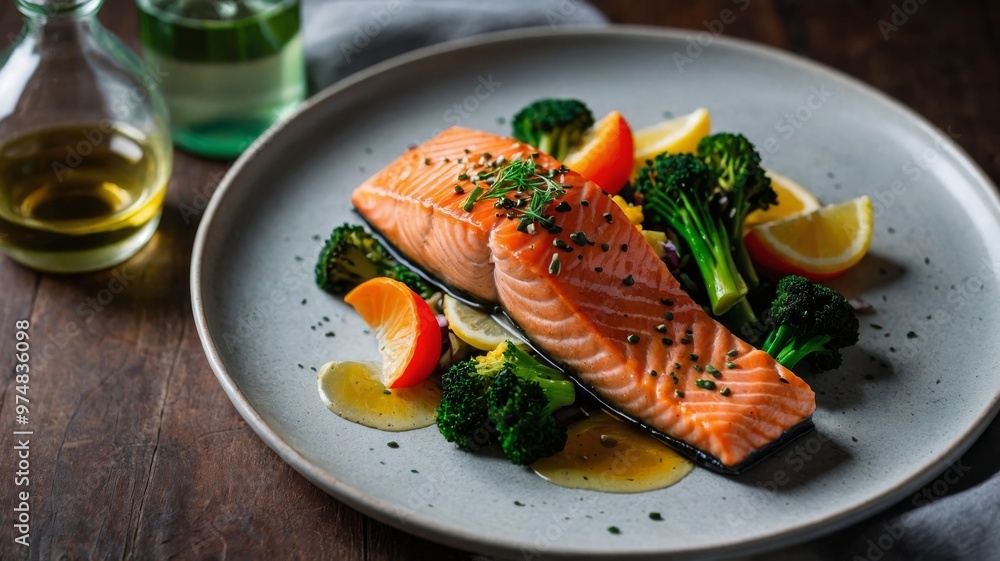 Delicious Cooked Salmon Fillet with Fresh Vegetables and Lemon Slices on Elegant Grey Plate Delicious Cooked Salmon Fillet with Fresh Vegetables and Lemon Slices on Elegant Grey Plate