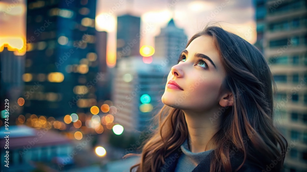 A young adult female with a gentle expression gazes upward, eyes cast toward the sky, surrounded by a A young adult female with a gentle expression gazes upward, eyes cast toward the sky, surrounded by a