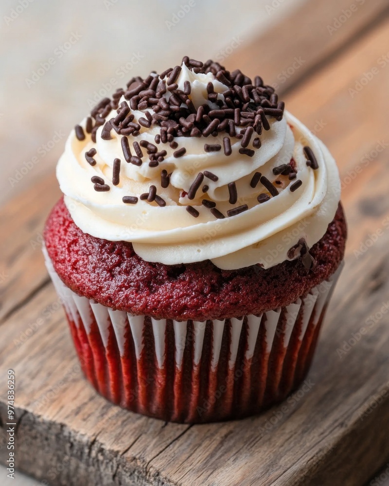 A cupcake with a white frosting and red sprinkles on top A cupcake with a white frosting and red sprinkles on top