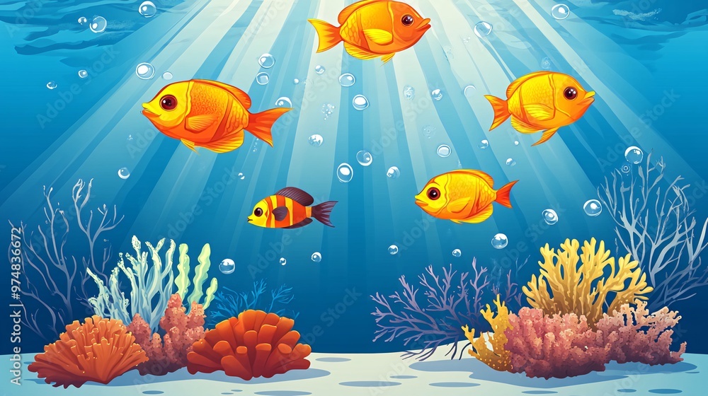 Naklejka premium A vibrant underwater scene with four yellow fish swimming above coral and seaweed.