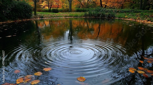 Ripples spread out on a still pond, surrounded by fallen leaves.