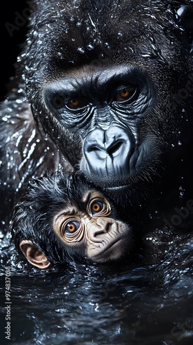 Mother Gorilla Swimming with Her Baby in Crystal Clear Water with Air Bubbles, Photo Realistic, Standard Background, Wallpaper, Cover and Screen for Smartphone, PC, Laptop, 9:16 and 16:9 Format