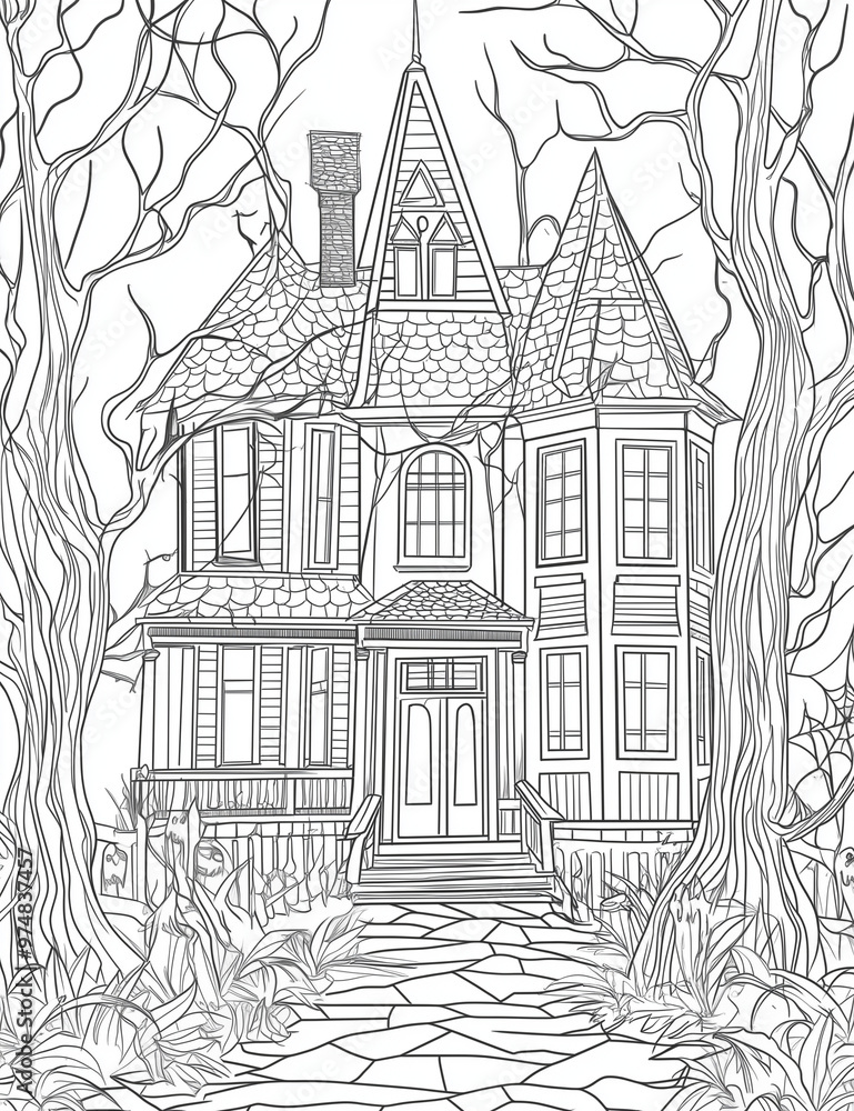 Halloween Coloring Page: Spooky and Fun Haunted House with Bats - Clean Line Art for All Ages - Black and white - Printable pages Halloween Coloring Page: Spooky and Fun Haunted House with Bats - Clean Line Art for All Ages - Black and white - Printable pages