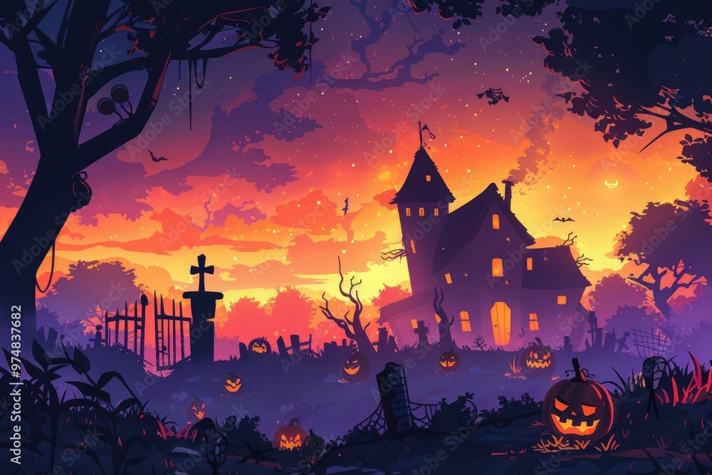 Halloween Illustration of a Haunted House and Lit Jack-o'-Lanterns.. Halloween Illustration of a Haunted House and Lit Jack-o'-Lanterns..