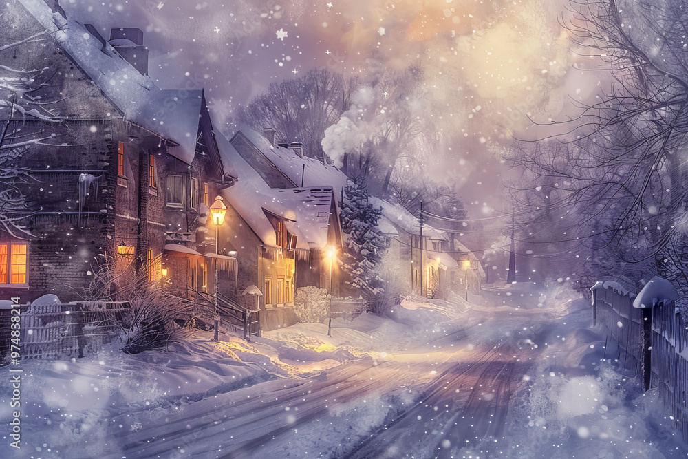A snowy street with houses lit up at night A snowy street with houses lit up at night