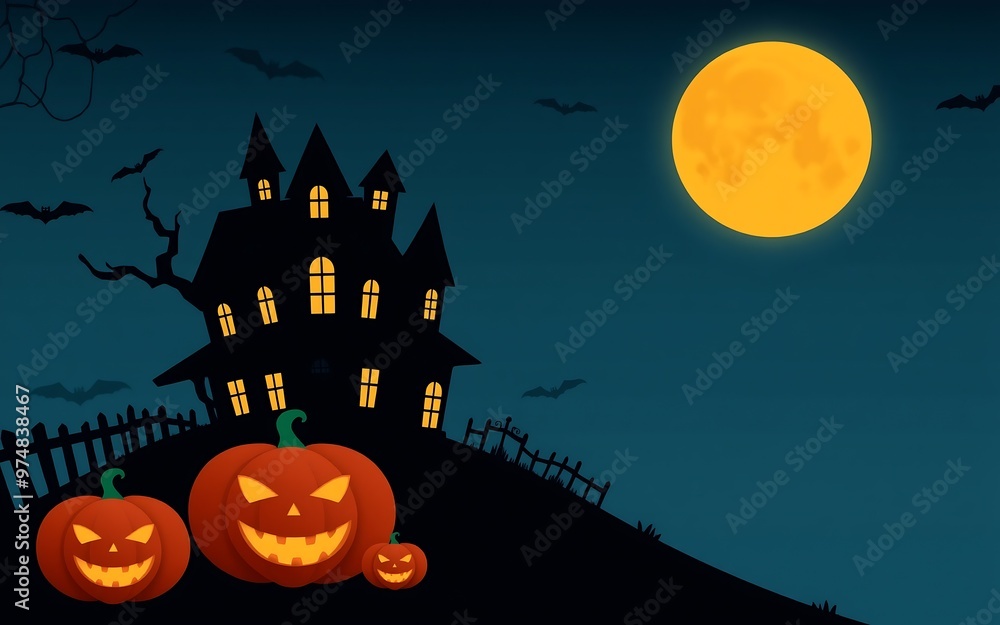A spooky Halloween night with a haunted house, pumpkins, and a full moon.
A spooky Halloween night with a haunted house, pumpkins, and a full moon.