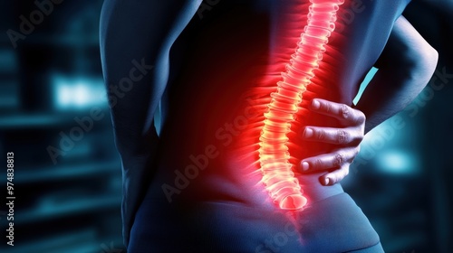 Experiencing Spinal Pain: Person Clutching Lower Back with Glowing Red Areas signifying Injury