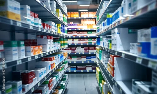 Pharmacy Aisle with Colorful Medicine Boxes