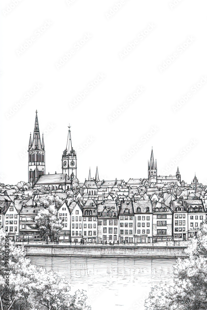 Naklejka premium Saarbrcken, Germany, black and white pen pencil hand-drawn effect portrait drawing illustration for travel poster, card, wallpaper, backdrop or banner. Modern, clear, artistic and simple
