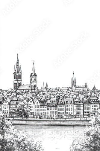 Saarbrcken, Germany, black and white pen pencil hand-drawn effect portrait drawing illustration for travel poster, card, wallpaper, backdrop or banner. Modern, clear, artistic and simple photo