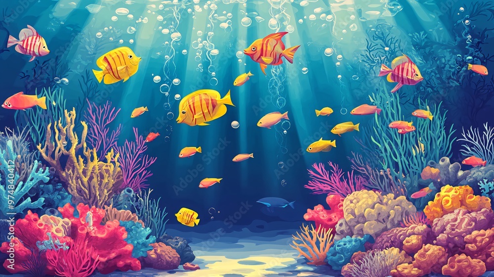 Naklejka premium A vibrant underwater scene with colorful coral reefs and fish swimming in the clear blue water. The sun shines down through the surface, creating a glowing effect.