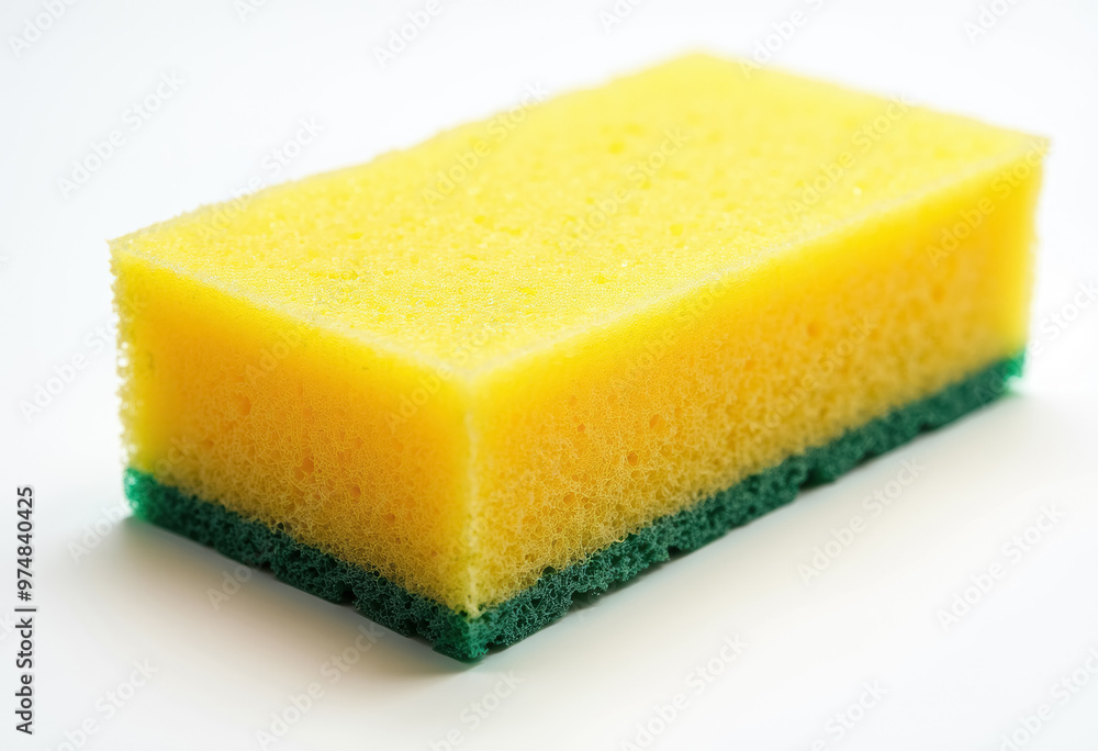 A close-up of a yellow sponge with a textured surface and green edge. A close-up of a yellow sponge with a textured surface and green edge.