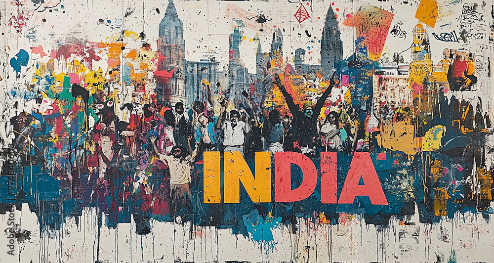 Obraz premium Graffiti image of Indian people in front of Indian Architecture with 
