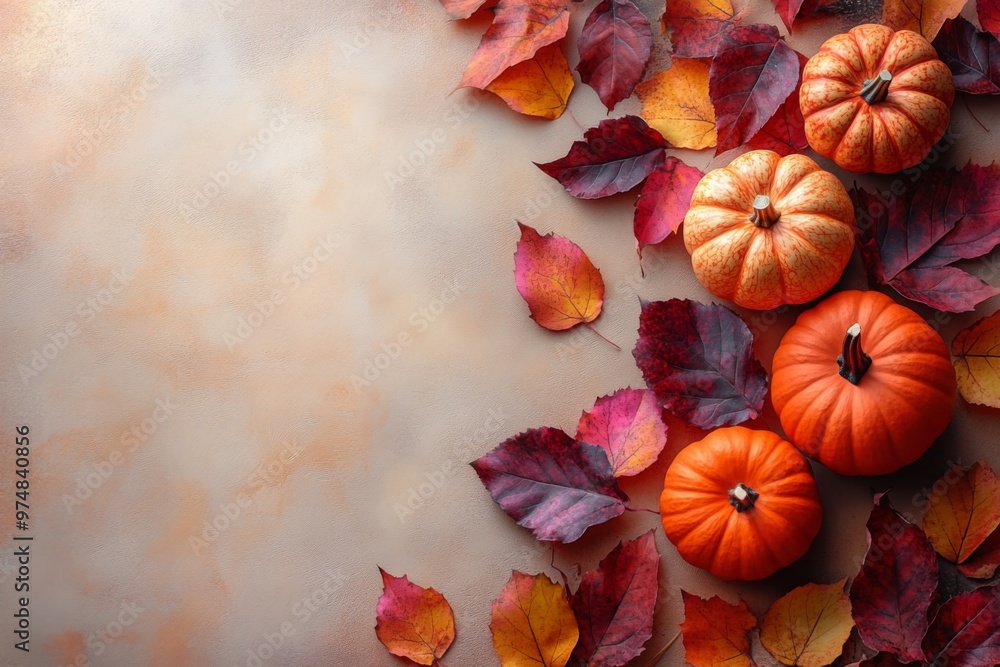 Beige table with pumpkin and autumn leaves Beige table with pumpkin and autumn leaves