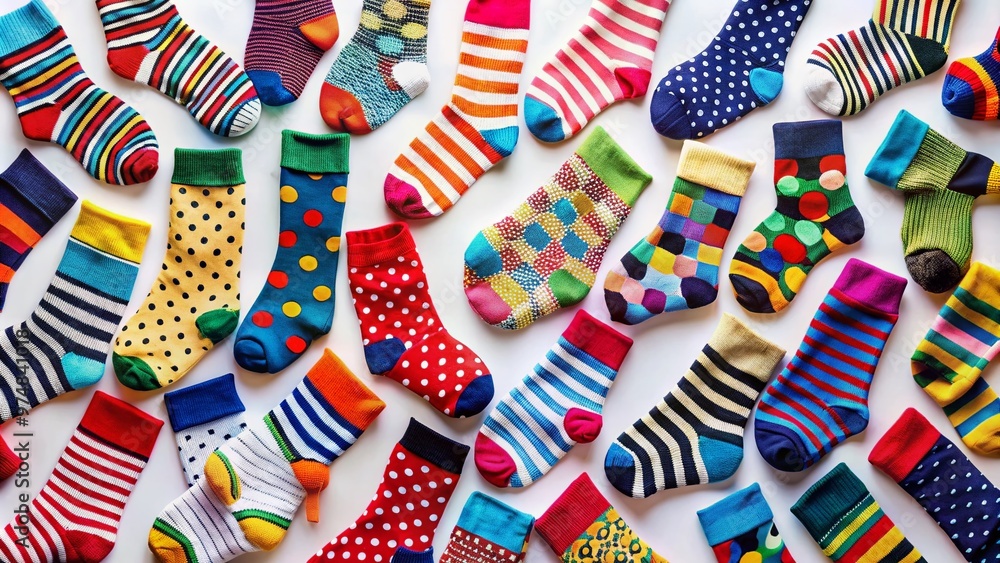 Obraz premium Colorful array of cartoon socks in various patterns and shapes, including stripes, polka dots, and argyles, scattered