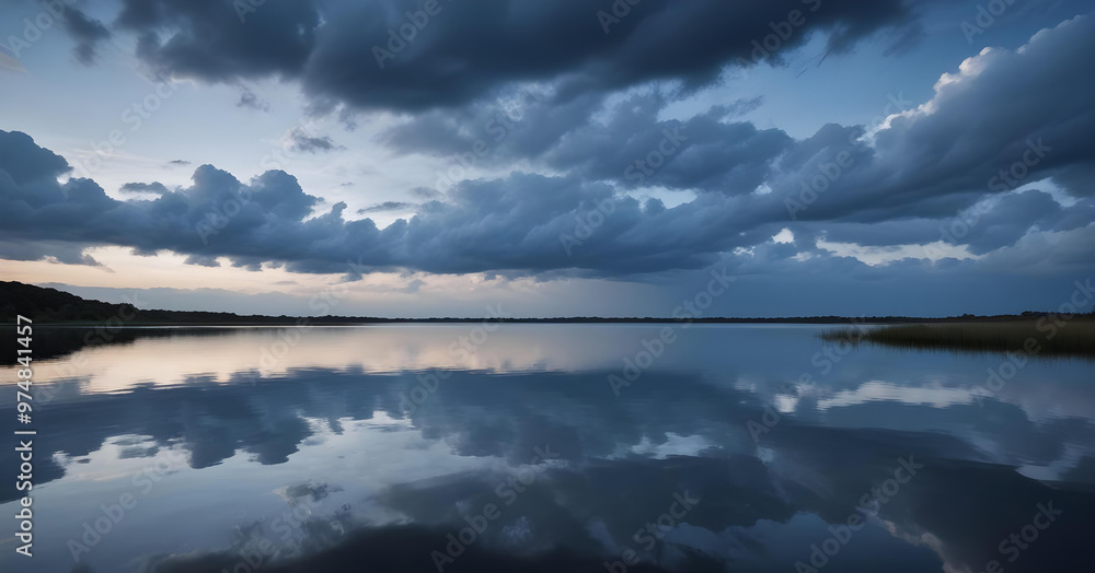 Dramatic cloudy sky mirrored on a serene lake at dusk, creating a tranquil and atmospheric landscape scene.
Dramatic cloudy sky mirrored on a serene lake at dusk, creating a tranquil and atmospheric landscape scene.