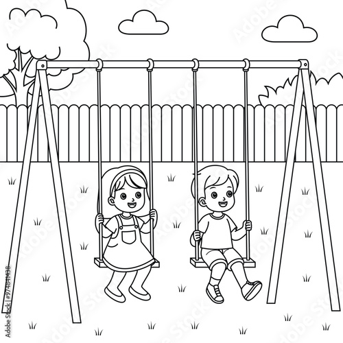 Kids playing on the playground with swings outline coloring page