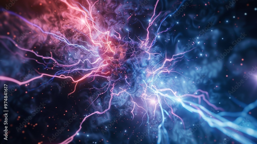 Fototapeta premium Captivating High Energy Particle Beam Explosion in Cosmic Nebula Landscape