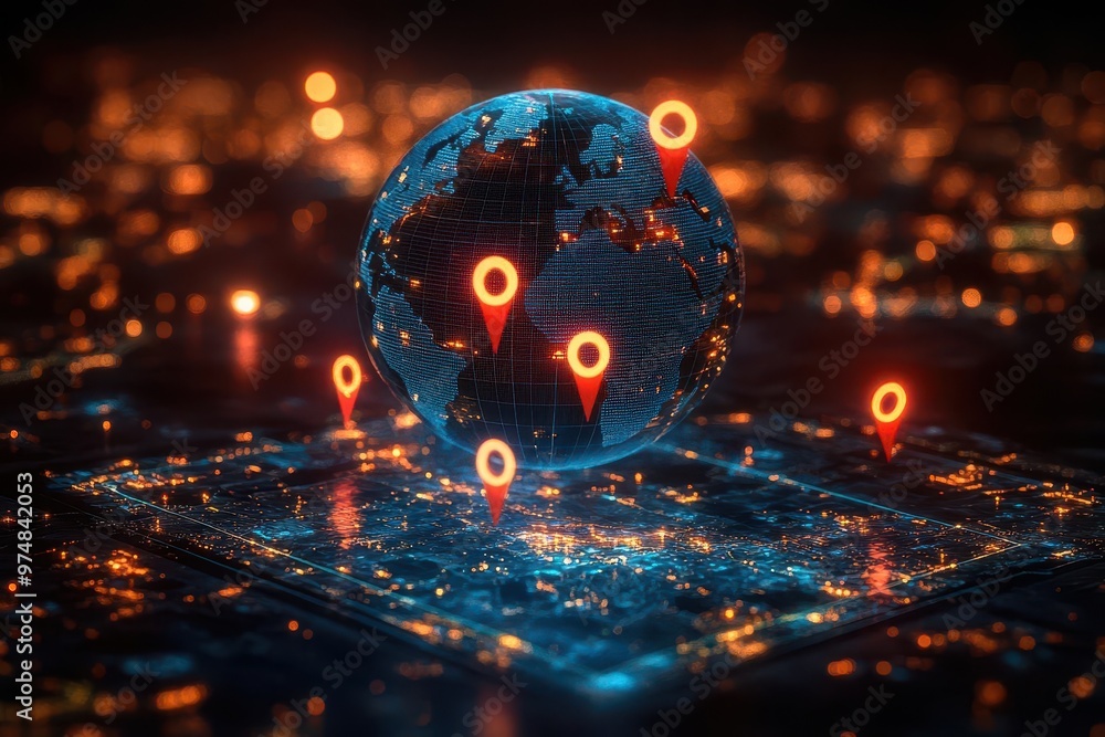 3d holographic globe with glowing location markers floating above a translucent touchscreen map vibrant blue and green hues with pulsing red pins indicating key destinations 3d holographic globe with glowing location markers floating above a translucent touchscreen map vibrant blue and green hues with pulsing red pins indicating key destinations