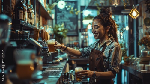 A person pouring a beer at a bar counter