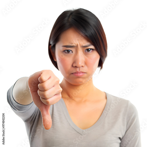 A displeased Asian woman showing a thumbs down gesture, expressing dissatisfaction and disapproval. Isolated on transparent or white background. photo