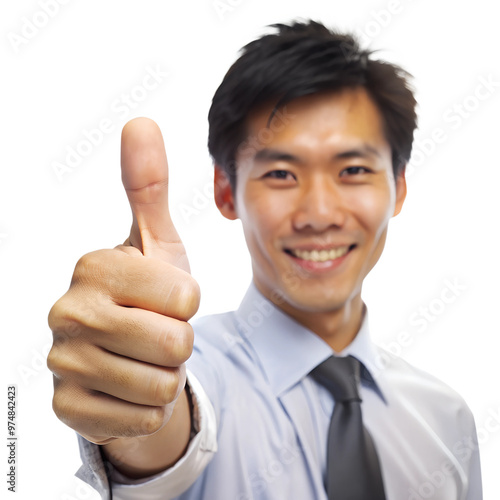 A cheerful Asian businessman giving a thumbs-up gesture, symbolizing success and positivity in a professional setting. Isolated on transparent or white background.