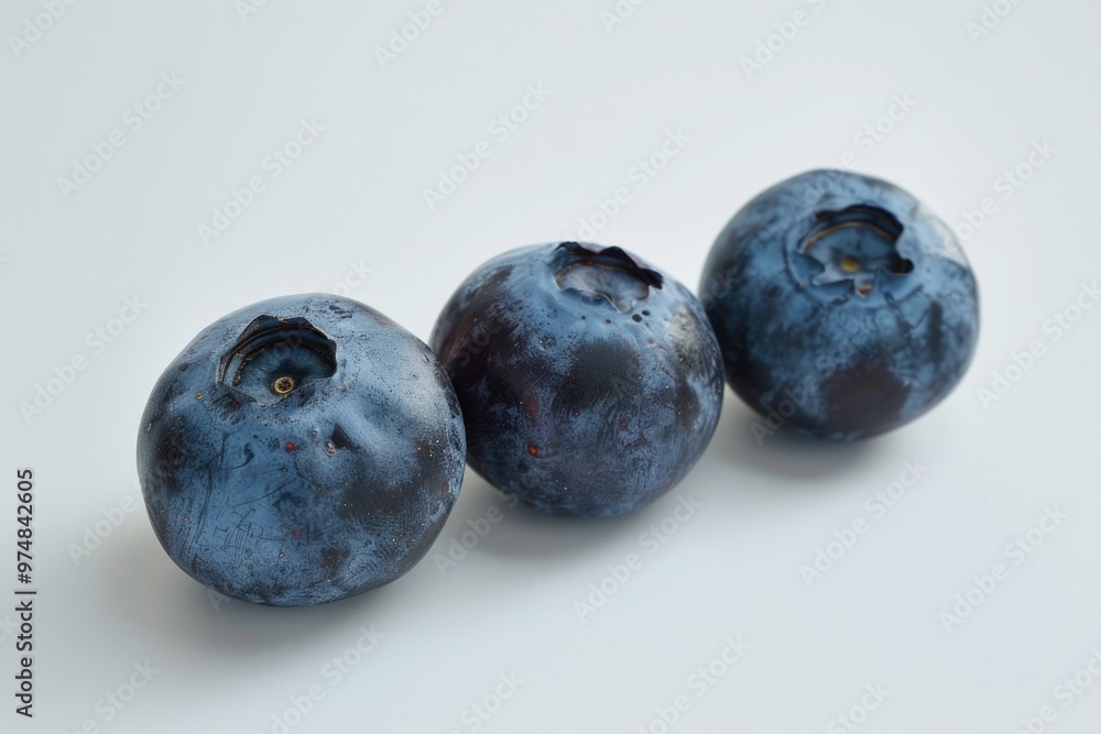 Close-up of three blueberries sitting on a white background, perfect for food or product photography Close-up of three blueberries sitting on a white background, perfect for food or product photography