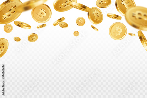 Bitcoin rain. Realistic golden bitcoin cryptocurrency coins explosion or splash isolated, electronic payments concept. Vector background.