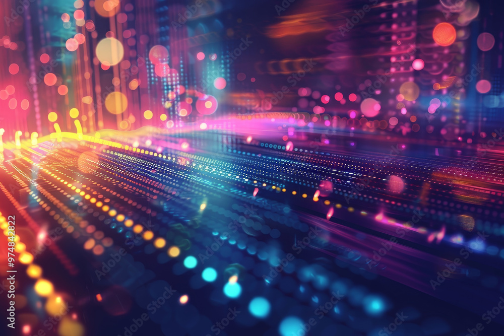 A colorful cityscape with bright lights and a sense of movement A colorful cityscape with bright lights and a sense of movement