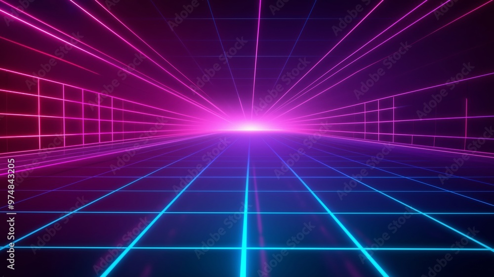 Neon futuristic grid with pink and blue lines converging towards a glowing horizon Neon futuristic grid with pink and blue lines converging towards a glowing horizon