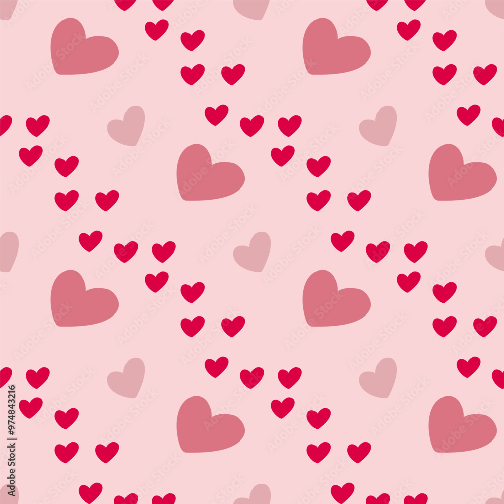 Seamless pattern with unique pink hearts on light pink background.eps