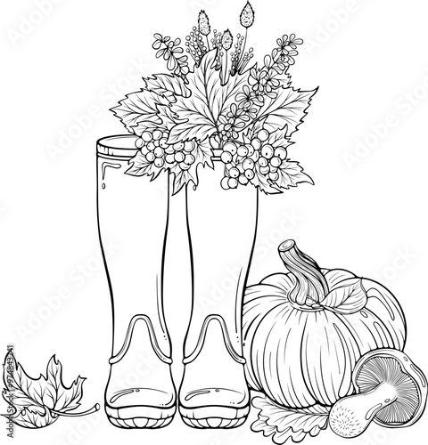 Autumn composition with leaves bouquet in rubber boots, pumpkin, forest mushroom. Fall harvest still life. Vector illustration in hand drawn sketch style. Line art isolated on white for coloring book