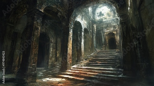 A Sunlit Staircase in a Decaying Stone Hallway