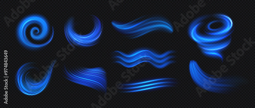Air flow. Blue cold air flows from conditioner isolated on transparent background. Blue wind light effects, ice blow stream and vortex trail. Vector effects.