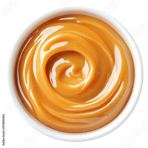 creamy caramel sauce in white bowl isolated on transparent background Generative Ai.