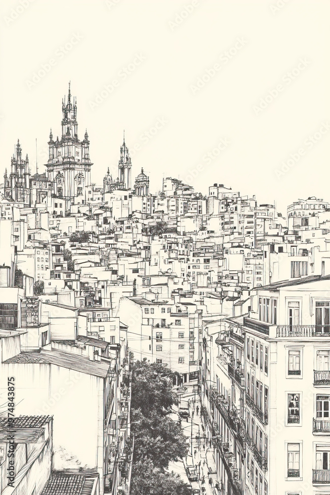 Fototapeta premium Salvador, Brazil, black and white pen pencil hand-drawn effect portrait drawing illustration for travel poster, card, wallpaper, backdrop or banner. Modern, clear, artistic and simple