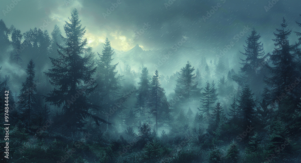 A mystical forest scene enveloped in a gentle mist, with towering evergreens reaching into sky, A mystical forest scene enveloped in a gentle mist, with towering evergreens reaching into sky,