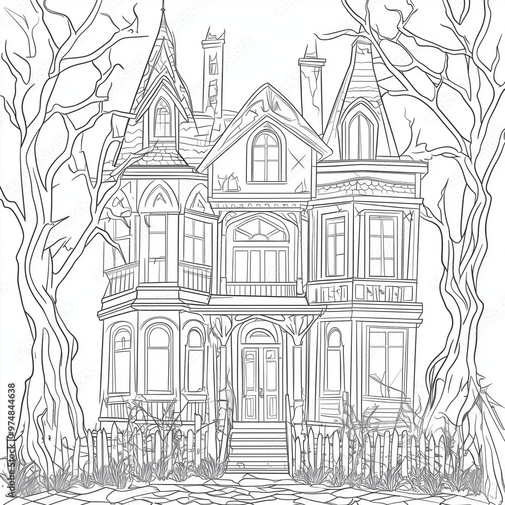 Naklejka premium Halloween Coloring Page: Spooky and Fun Haunted House with Bats - Clean Line Art for All Ages - Black and white - Printable pages 