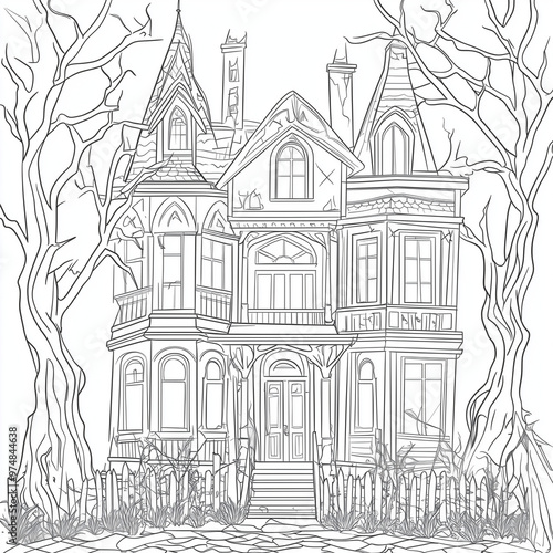 Halloween Coloring Page: Spooky and Fun Haunted House with Bats - Clean Line Art for All Ages - Black and white - Printable pages 