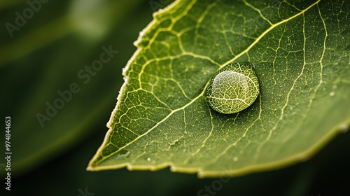 Macro shot of a raindrop on a green leaf, showing the delicate veins and reflecting light