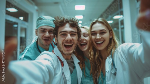 A group of doctors smiling and taking a selfie together