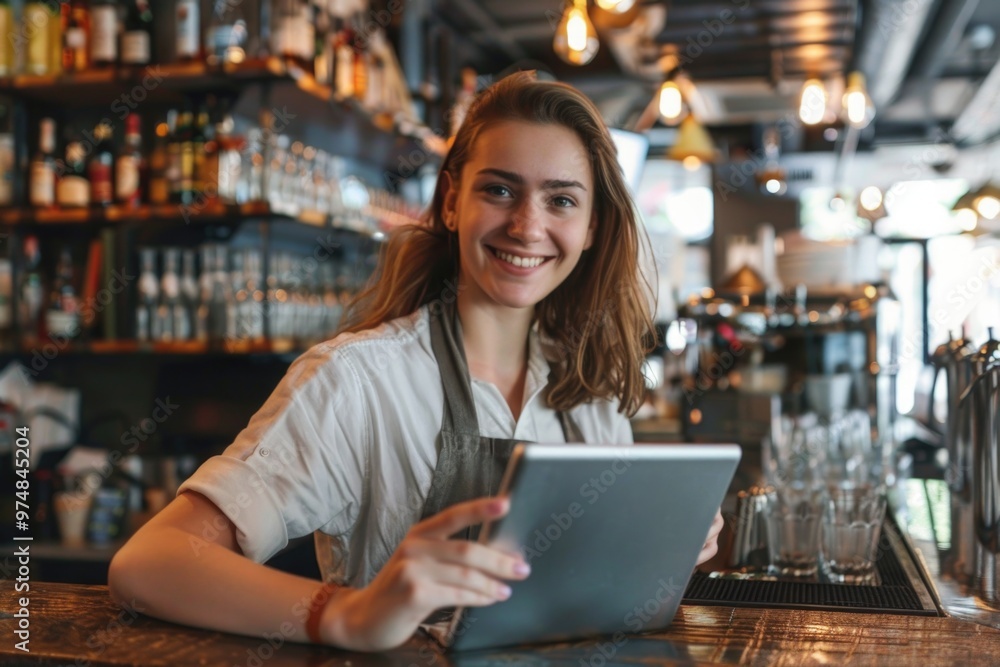 A woman sits at a bar using a tablet computer, likely working or browsing A woman sits at a bar using a tablet computer, likely working or browsing