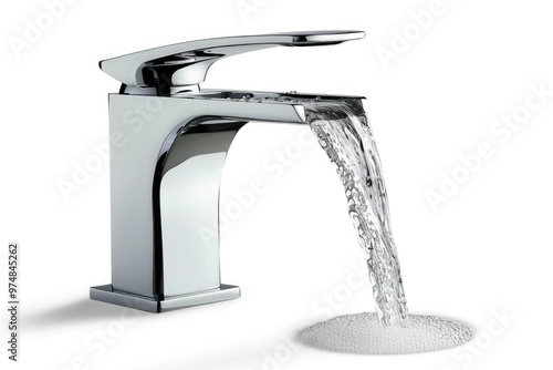 A close-up view of a faucet with water flowing out photo