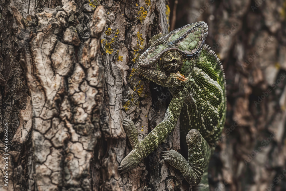 A green chameleon is sitting on a tree trunk A green chameleon is sitting on a tree trunk