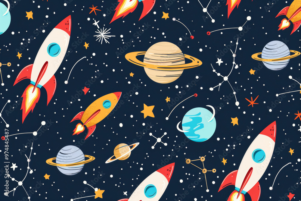 A colorful space background with many planets and rockets A colorful space background with many planets and rockets